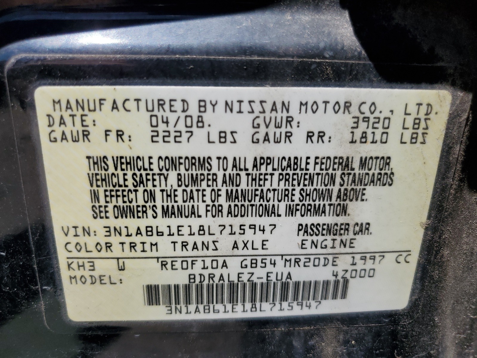 3N1AB61E18L715947 2008 Nissan Sentra 2.0