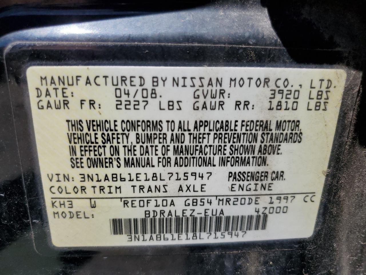 2008 Nissan Sentra 2.0 VIN: 3N1AB61E18L715947 Lot: 61741114