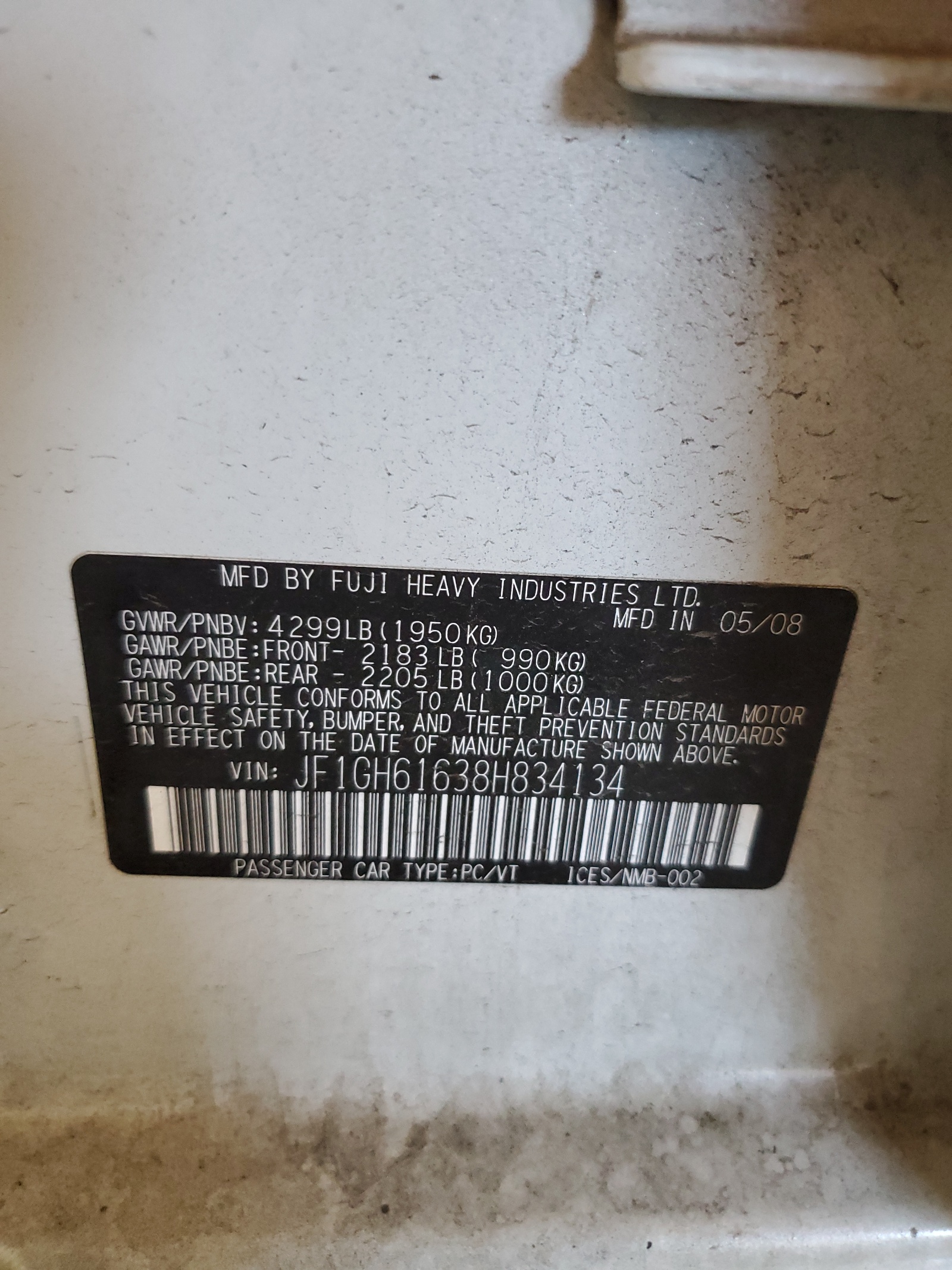 JF1GH61638H834134 2008 Subaru Impreza 2.5I