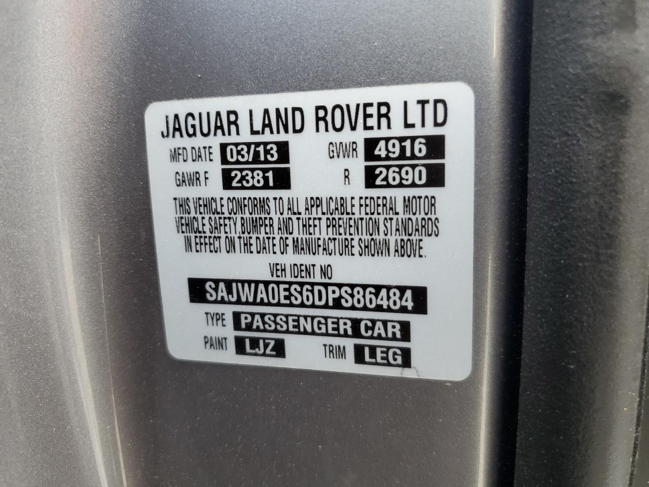 2013 Jaguar Xf VIN: SAJWA0ES6DPS86484 Lot: 63548514