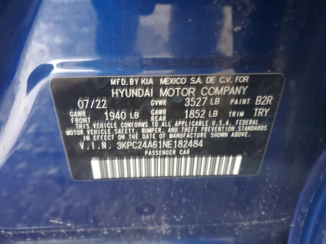 3KPC24A61NE182484 2022 Hyundai Accent Se