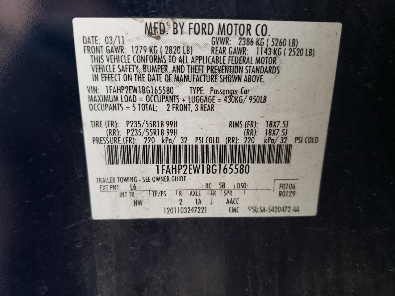 2011 Ford Taurus Sel VIN: 1FAHP2EW1BG165580 Lot: 63657094