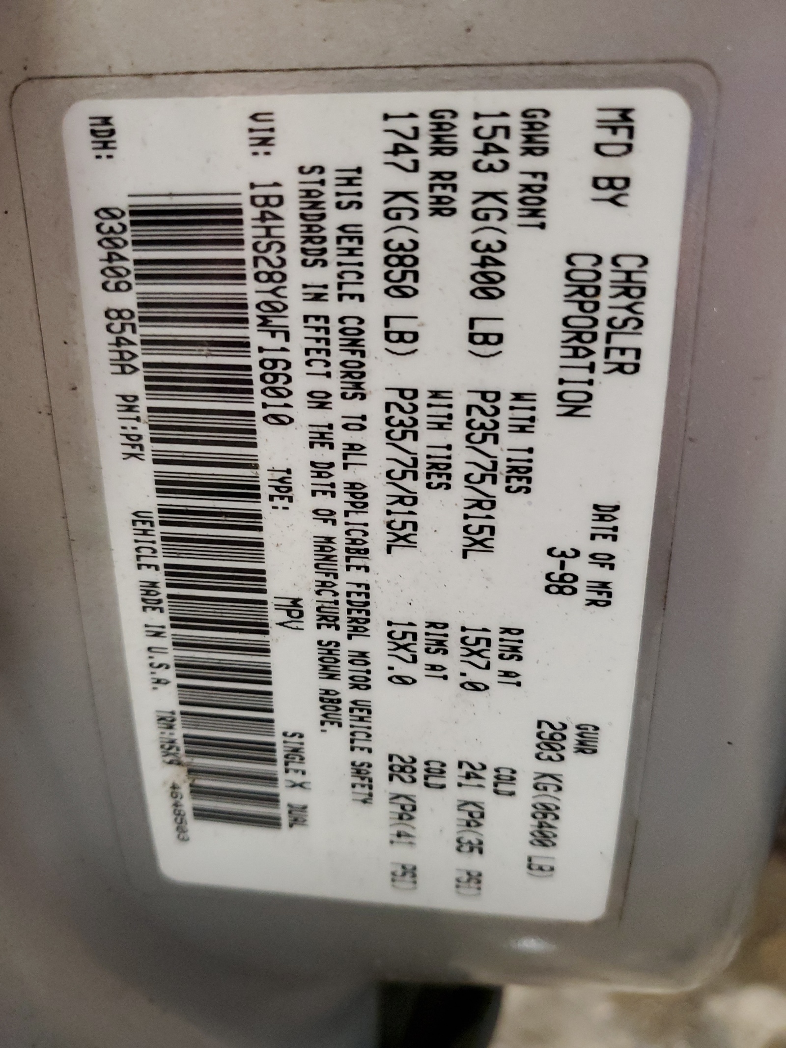 1B4HS28Y0WF166010 1998 Dodge Durango