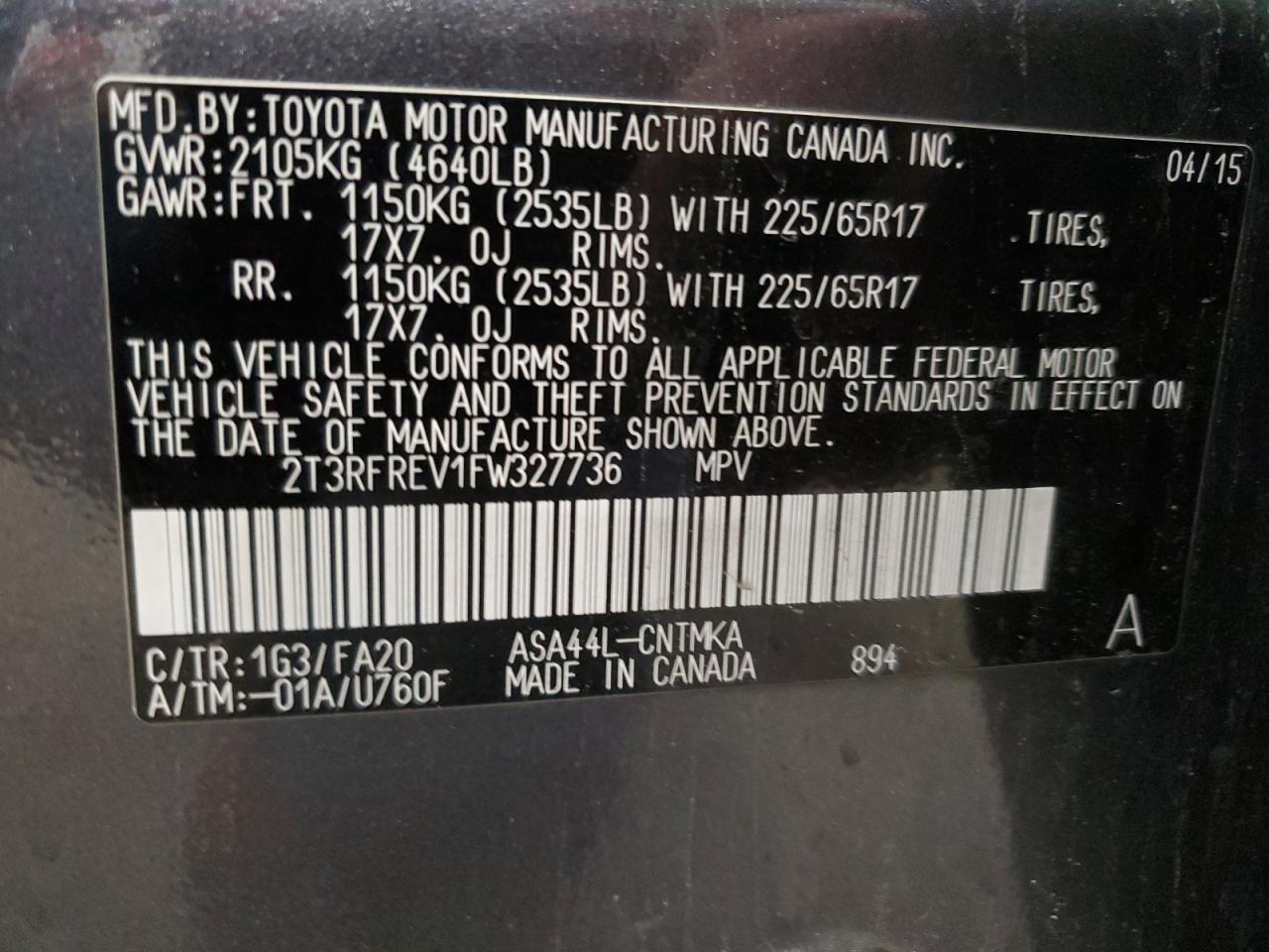 2015 Toyota Rav4 Xle VIN: 2T3RFREV1FW327736 Lot: 64868994