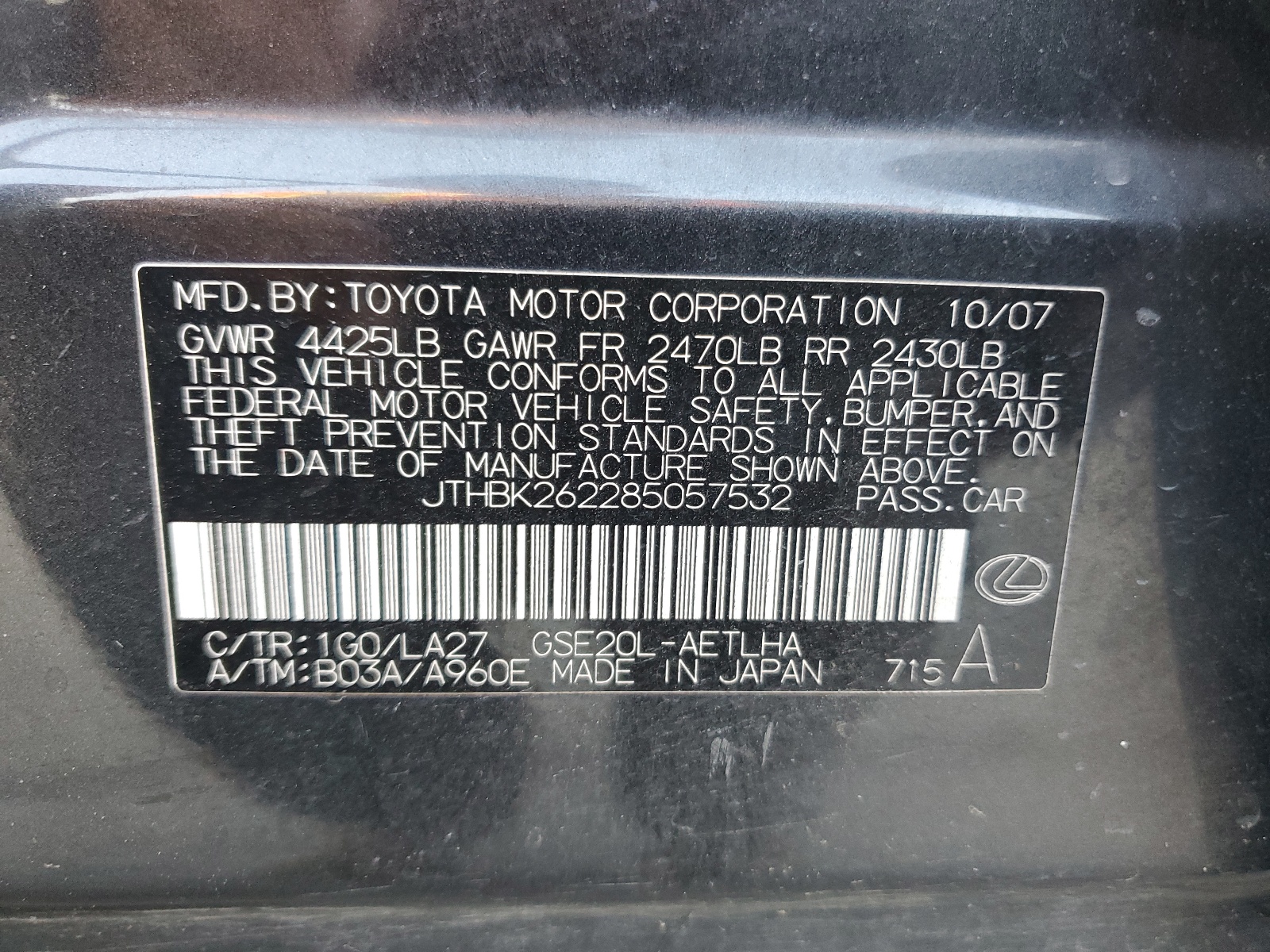 JTHBK262285057532 2008 Lexus Is 250