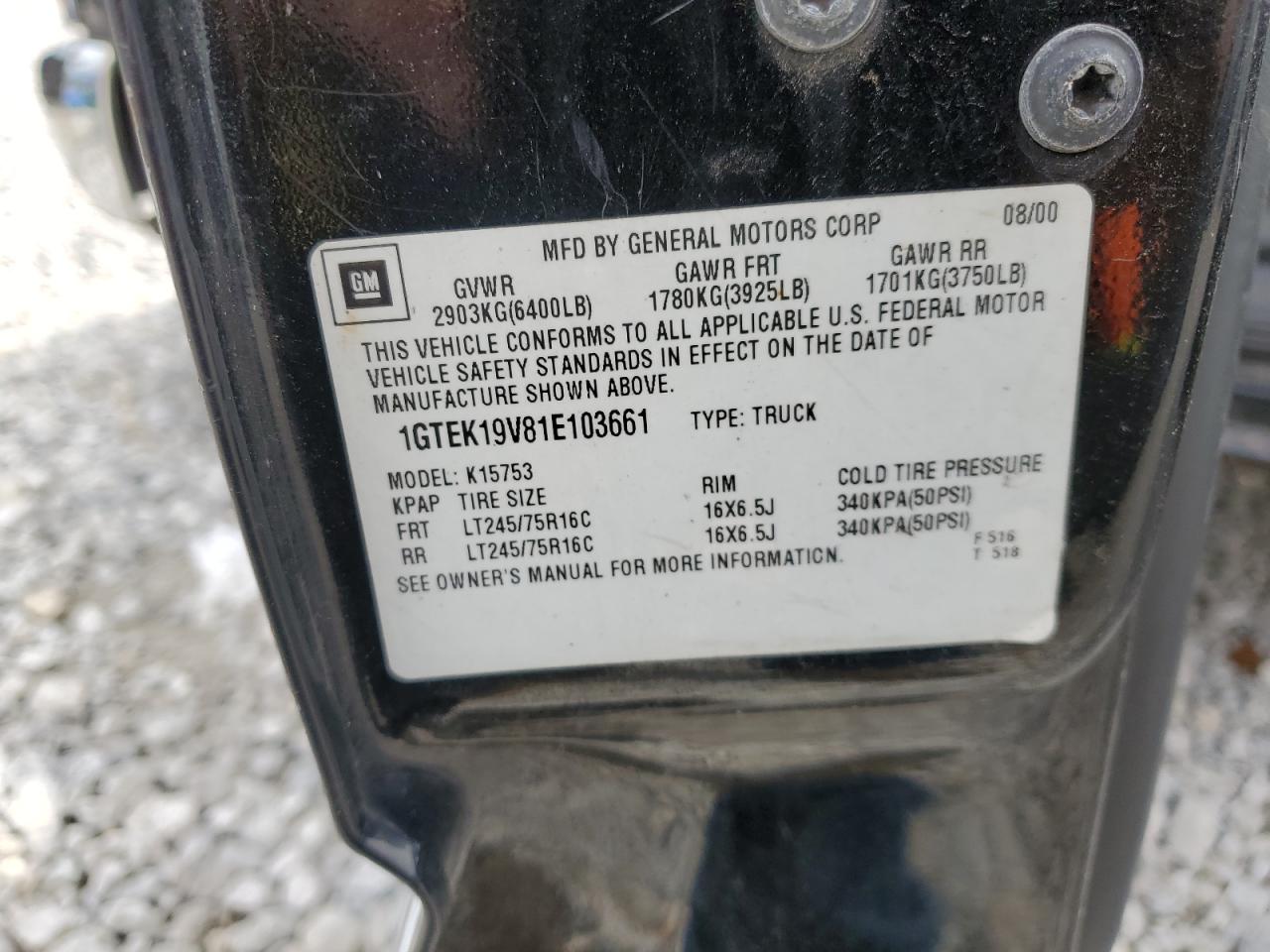 2001 GMC New Sierra K1500 VIN: 1GTEK19V81E103661 Lot: 62139134