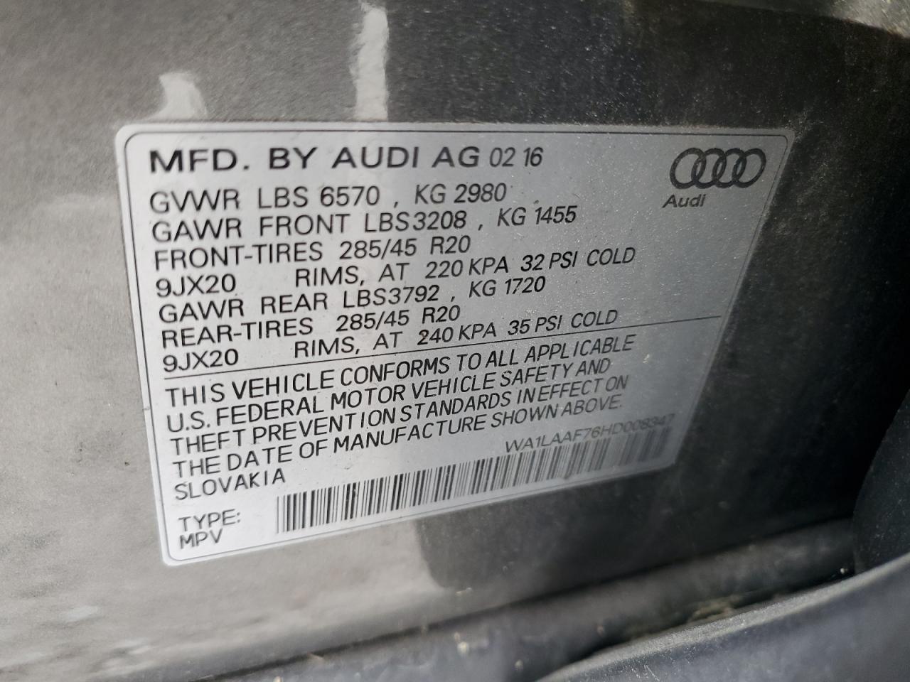 2017 Audi Q7 Premium Plus VIN: WA1LAAF76HD008347 Lot: 64141294