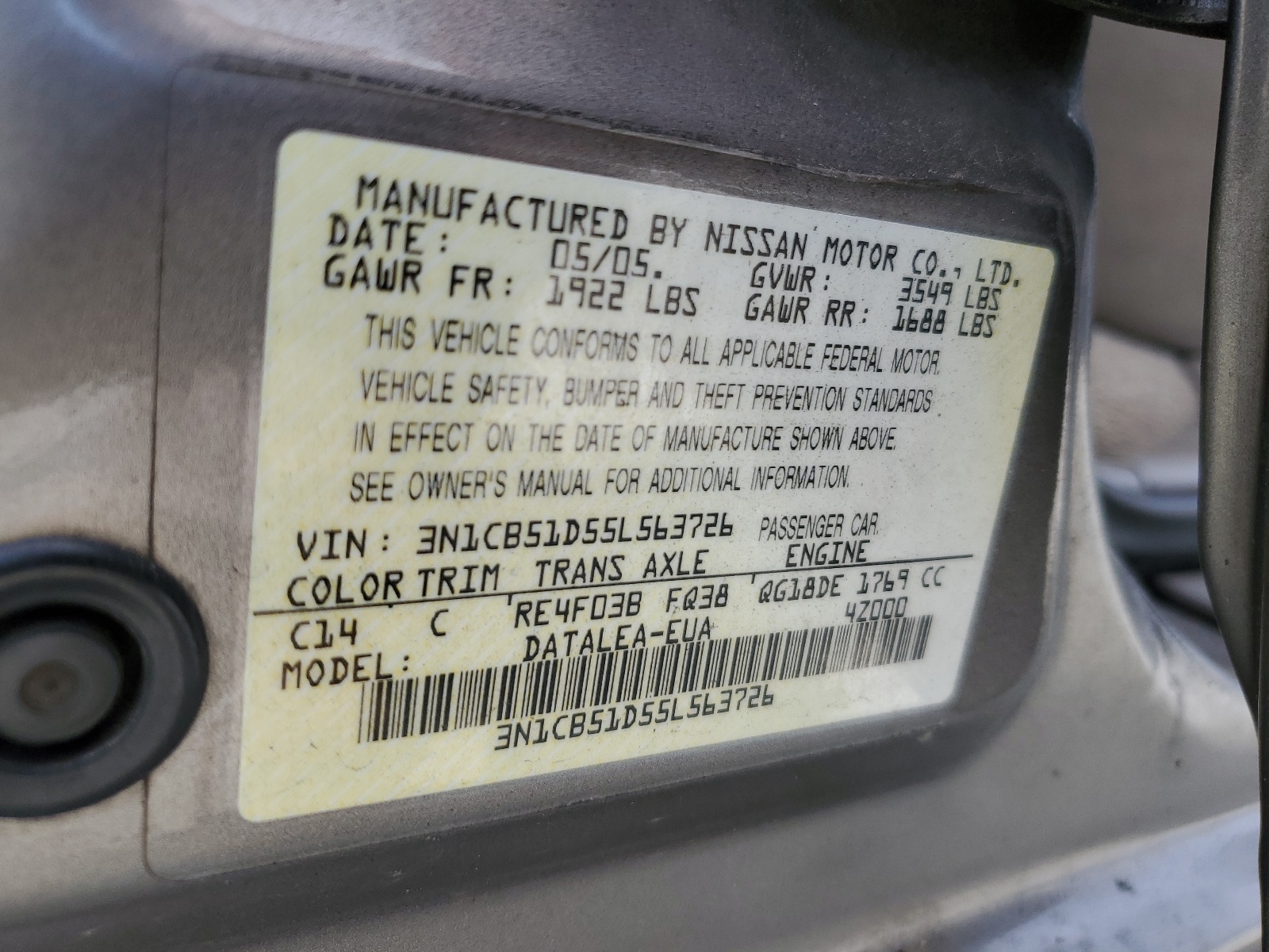 3N1CB51D55L563726 2005 Nissan Sentra 1.8
