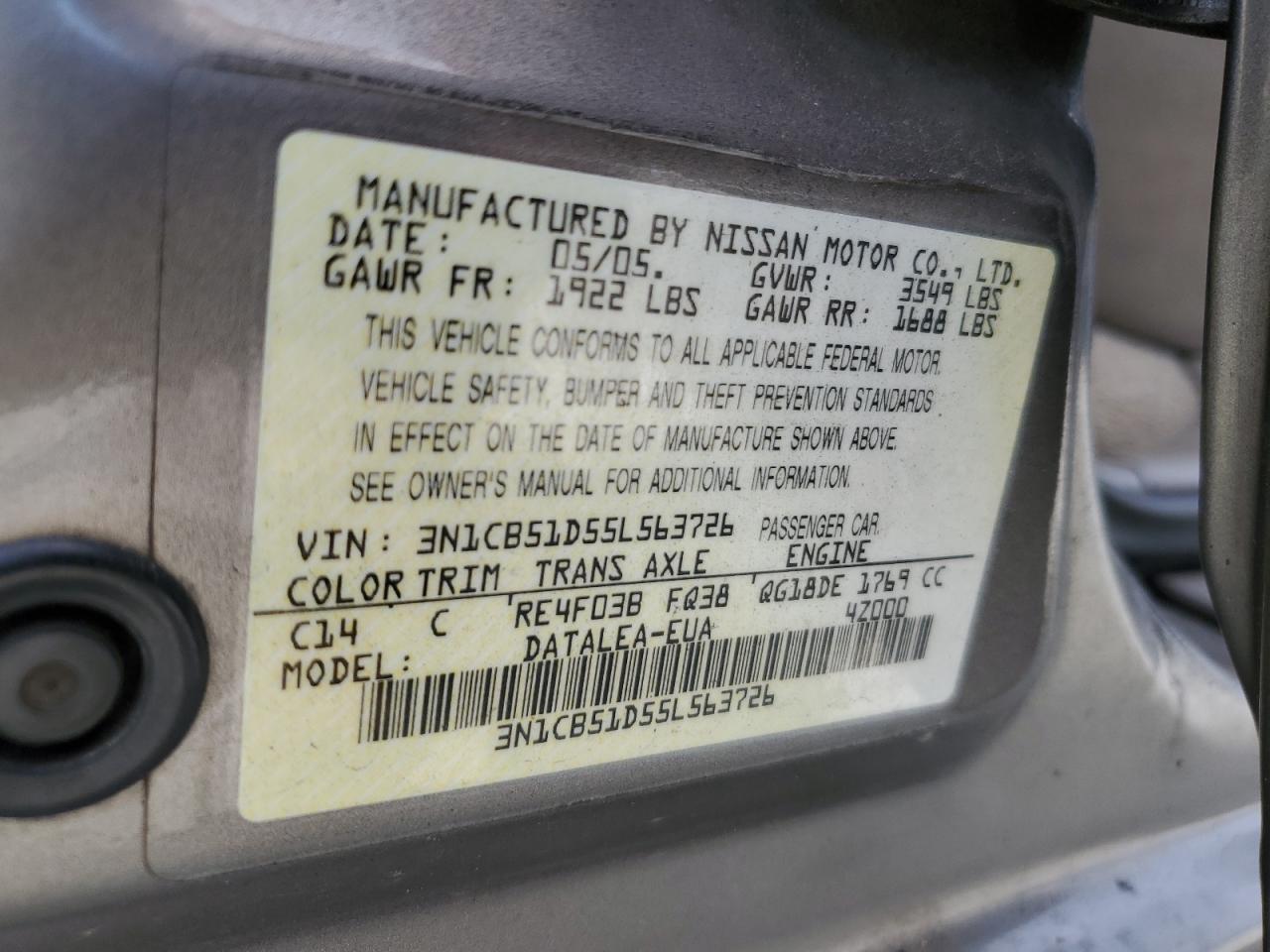 2005 Nissan Sentra 1.8 VIN: 3N1CB51D55L563726 Lot: 65487614
