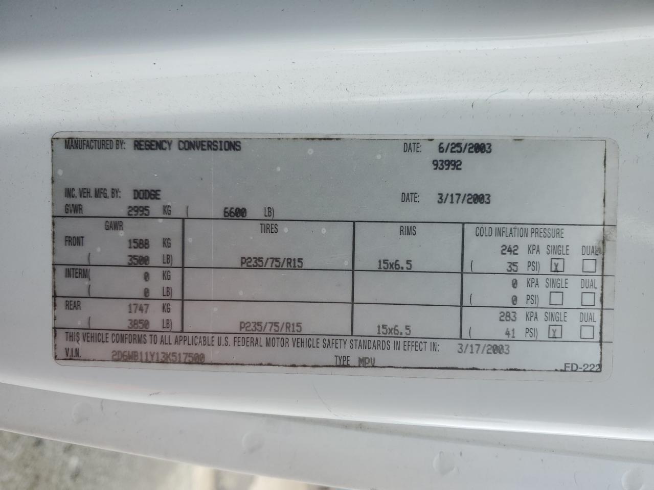 2D6WB11Y13K517500 2003 Dodge Ram Van B1500