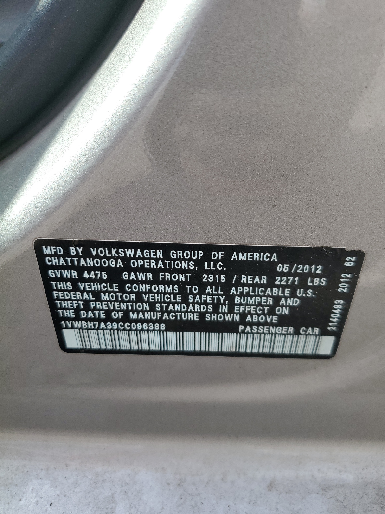 1VWBH7A39CC096388 2012 Volkswagen Passat Se