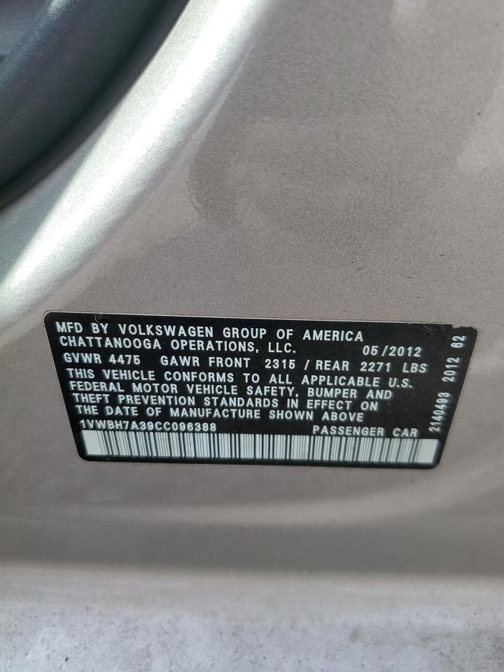 2012 Volkswagen Passat Se VIN: 1VWBH7A39CC096388 Lot: 63174084