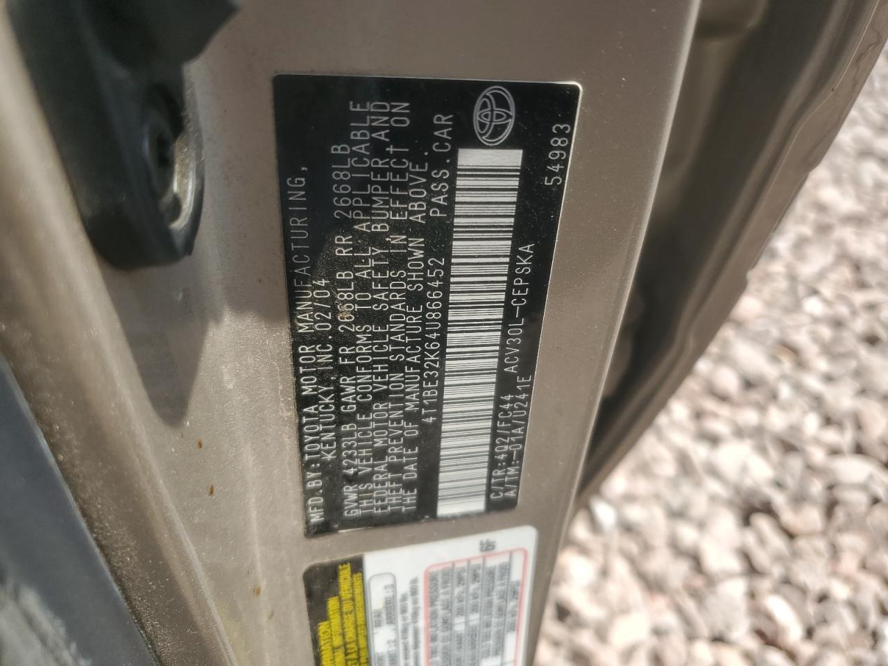 2004 Toyota Camry Le VIN: 4T1BE32K64U866452 Lot: 60168354