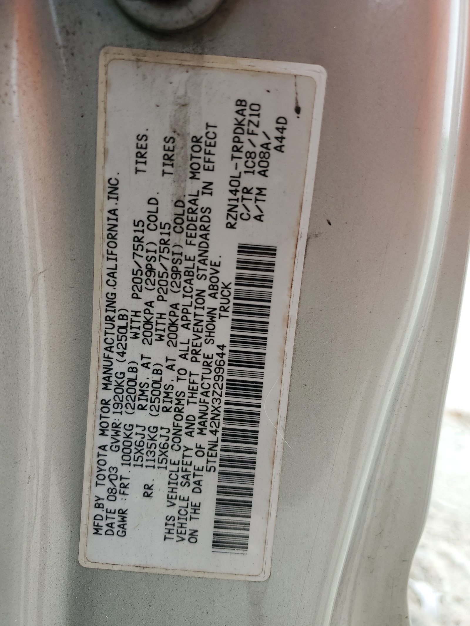 5TENL42NX3Z299644 2003 Toyota Tacoma