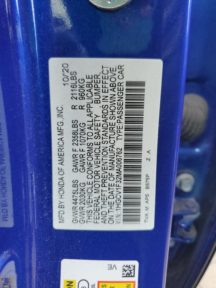 2021 Honda Accord Sport VIN: 1HGCV1F32MA006762 Lot: 60105814