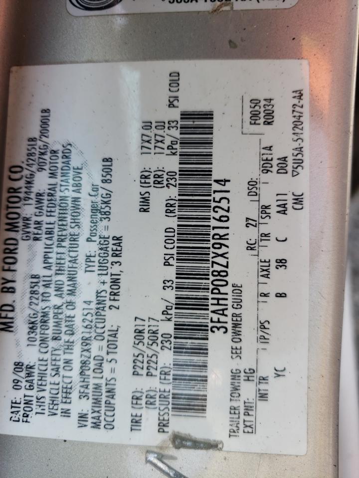 2009 Ford Fusion Sel VIN: 3FAHP08ZX9R162514 Lot: 64407944