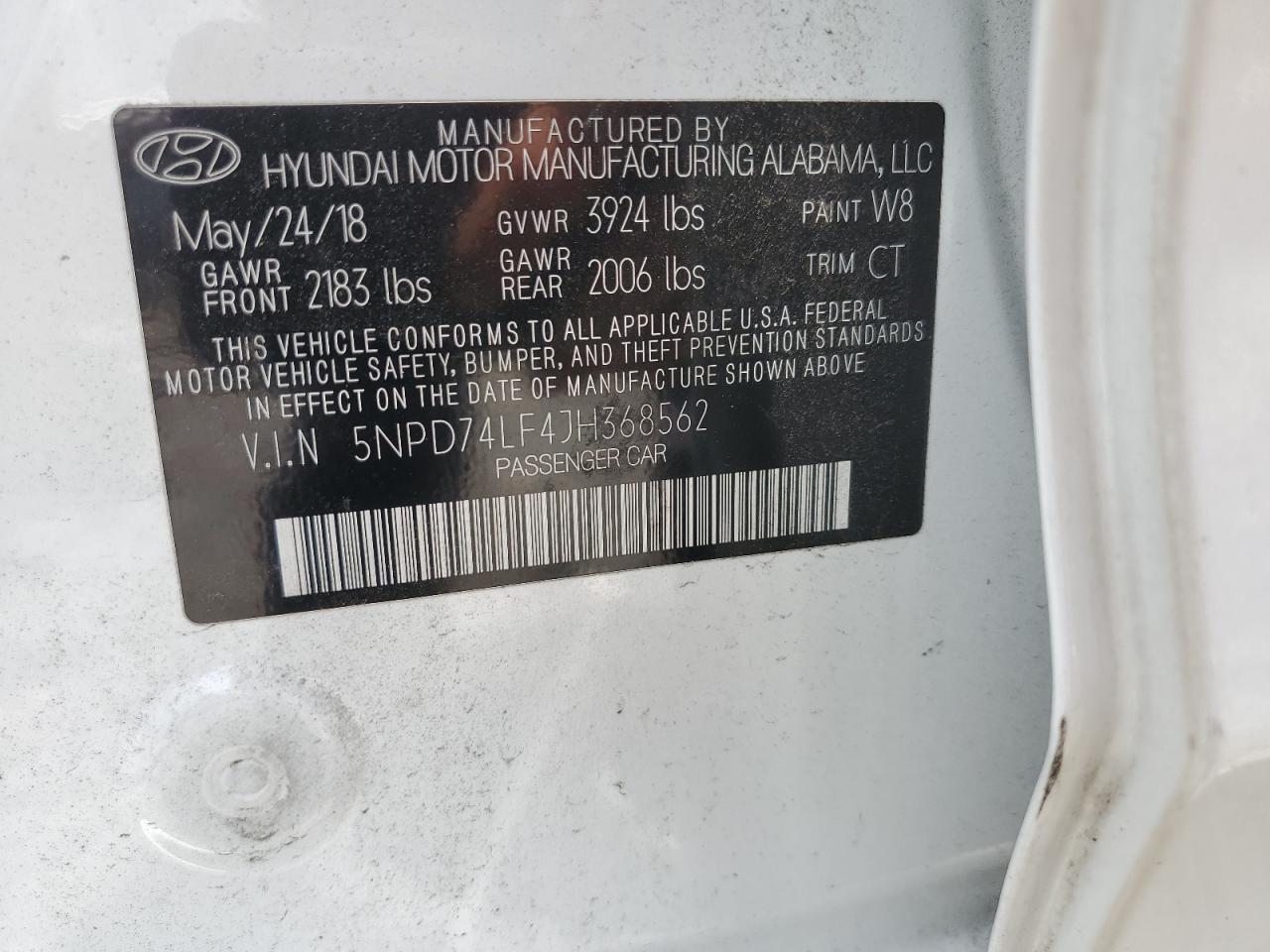 5NPD74LF4JH368562 2018 Hyundai Elantra Se