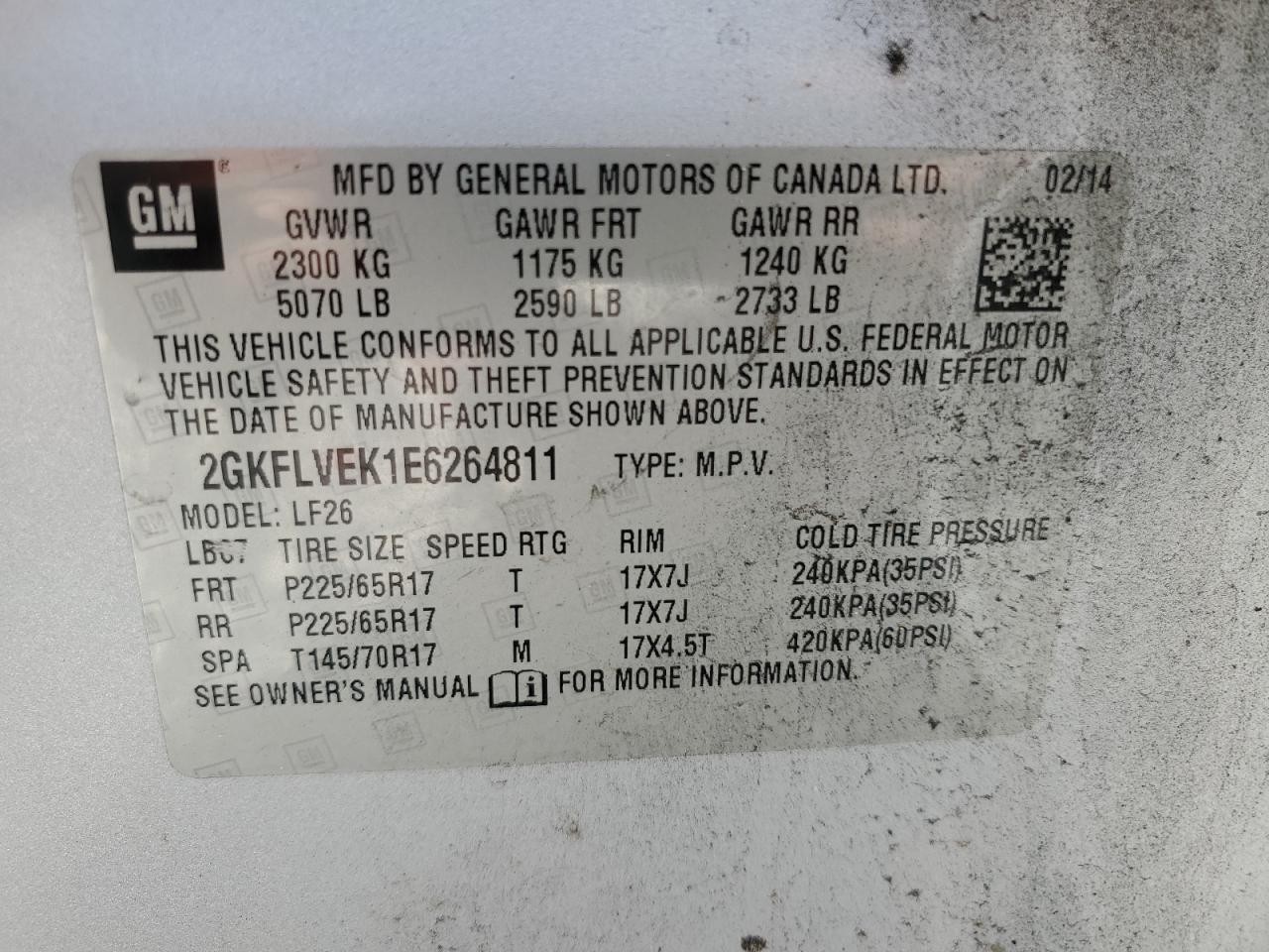 2014 GMC Terrain Sle VIN: 2GKFLVEK1E6264811 Lot: 64809314