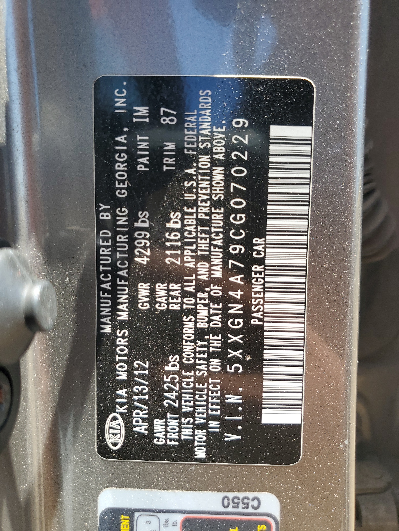 5XXGN4A79CG070229 2012 Kia Optima Ex