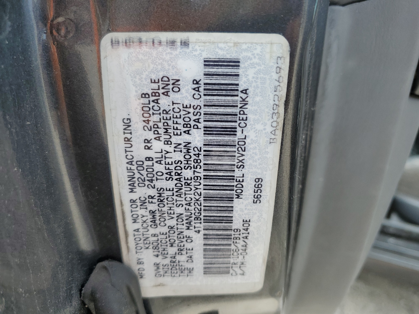 4T1BG22K2YU975842 2000 Toyota Camry Ce