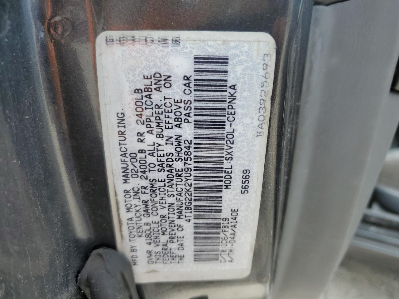 2000 Toyota Camry Ce VIN: 4T1BG22K2YU975842 Lot: 64505434