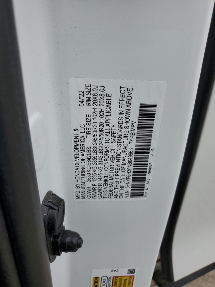 2022 Honda Pilot Sport VIN: 5FNYF6H30NB049663 Lot: 64911054