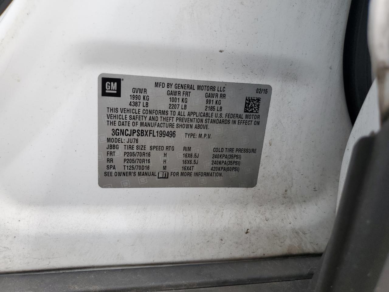 2015 Chevrolet Trax 1Ls VIN: 3GNCJPSBXFL199496 Lot: 65110674