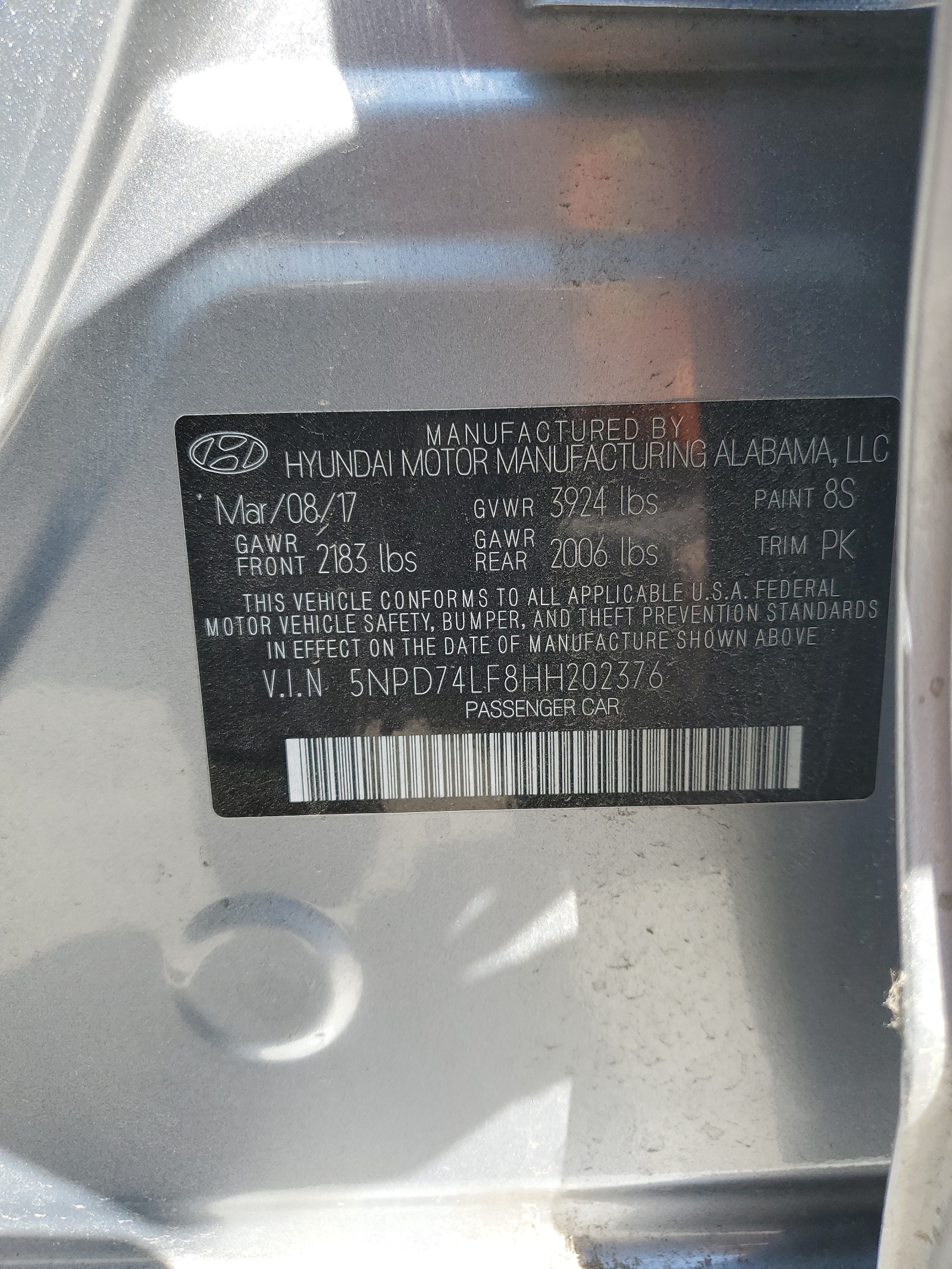 5NPD74LF8HH202376 2017 Hyundai Elantra Se