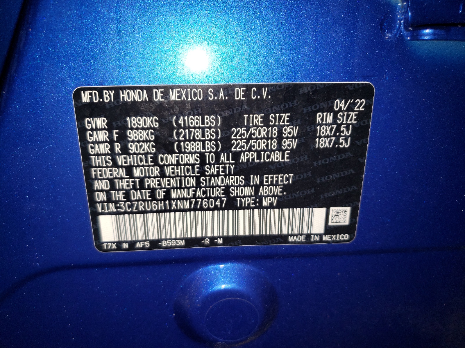 3CZRU6H1XNM776047 2022 Honda Hr-V Sport