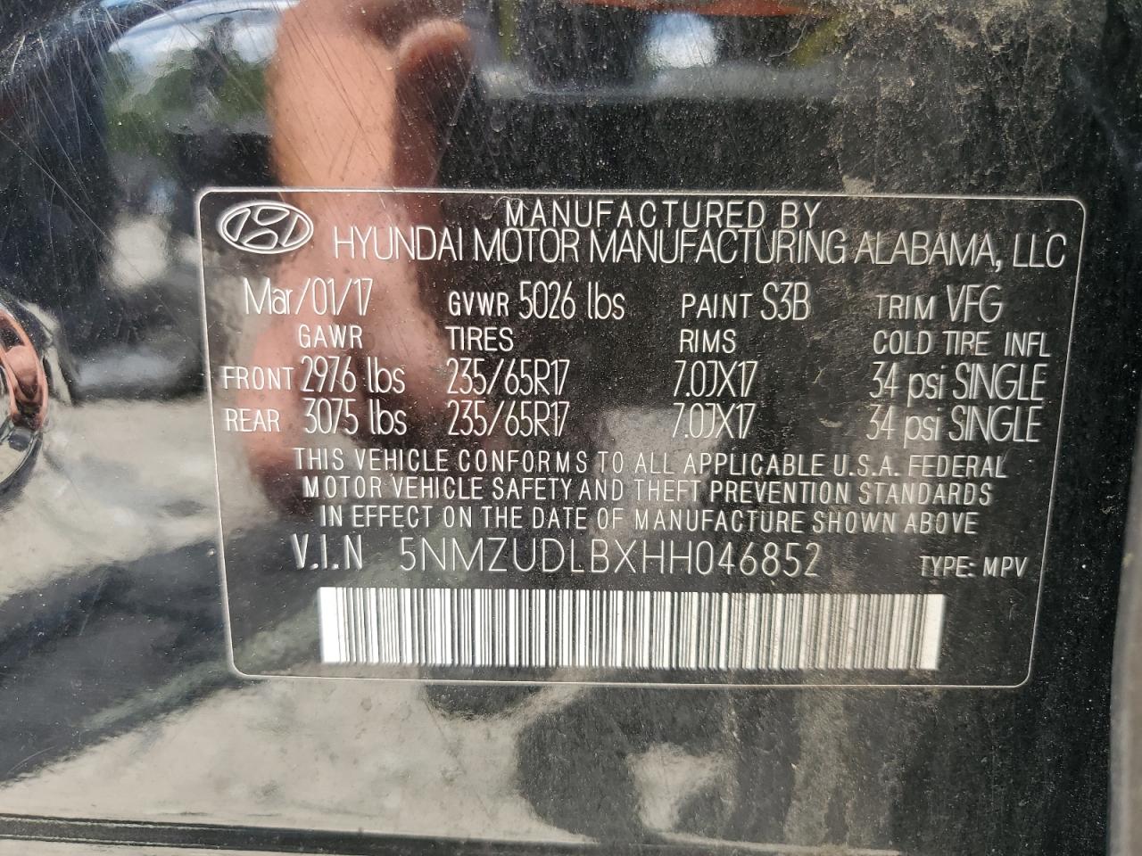 5NMZUDLBXHH046852 2017 Hyundai Santa Fe Sport