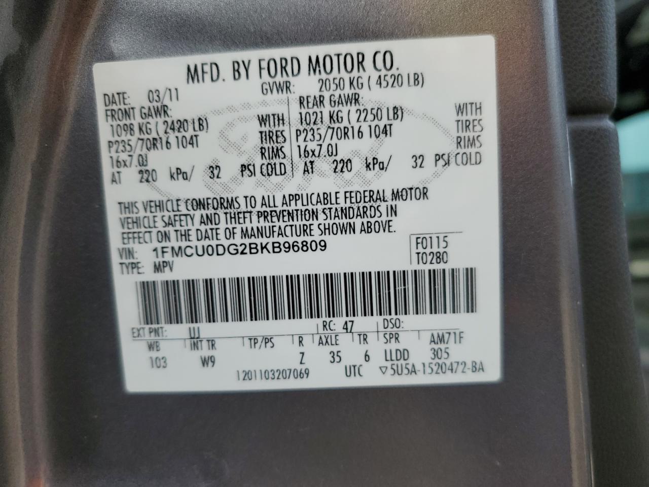 2011 Ford Escape Xlt VIN: 1FMCU0DG2BKB96809 Lot: 64833184