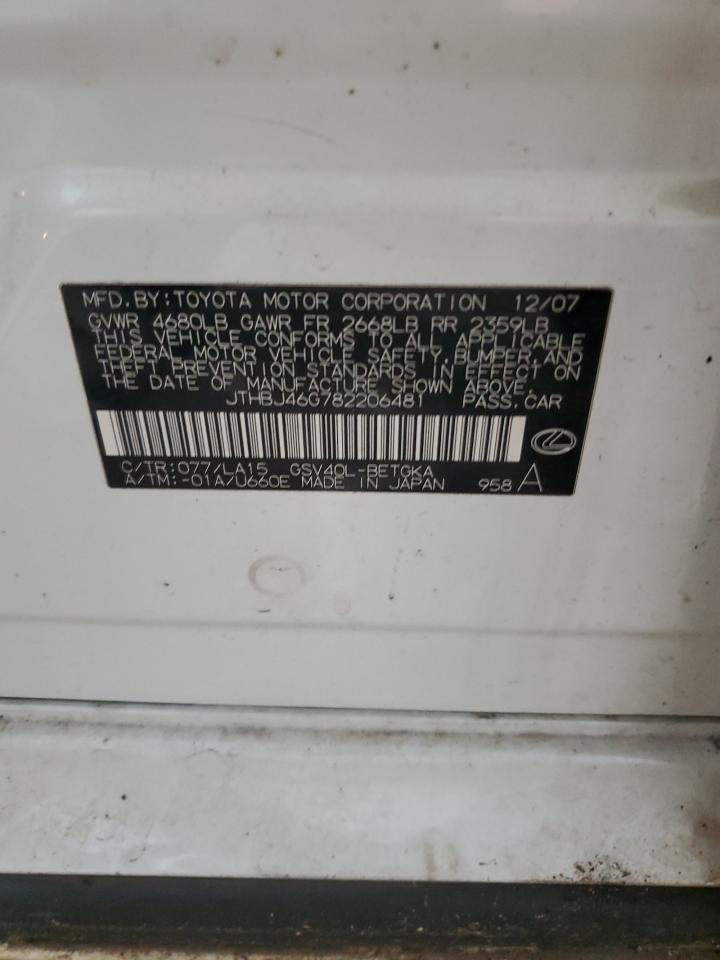 2008 Lexus Es 350 VIN: JTHBJ46G782206481 Lot: 60098954