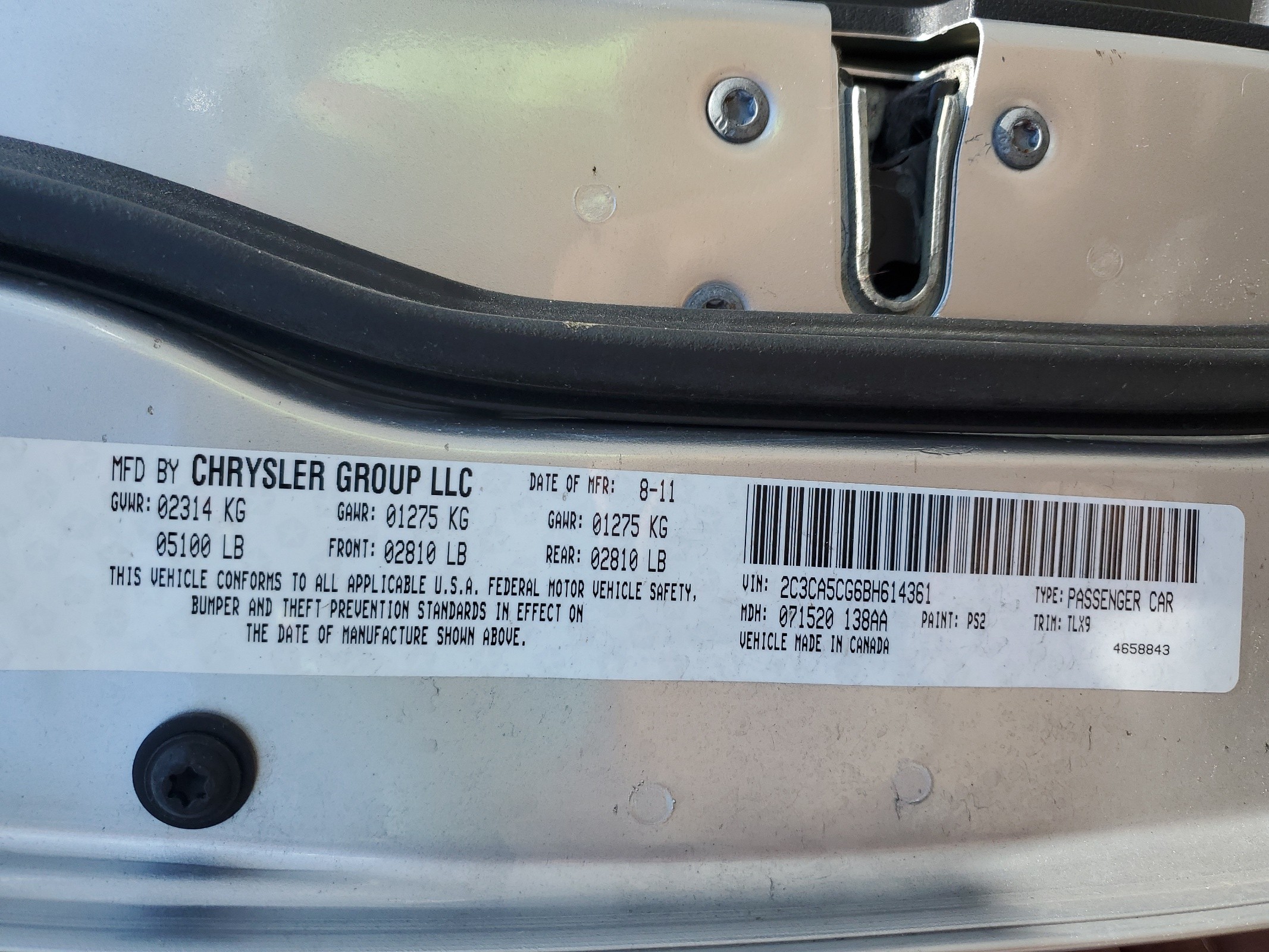 2C3CA5CG6BH614361 2011 Chrysler 300 Limited