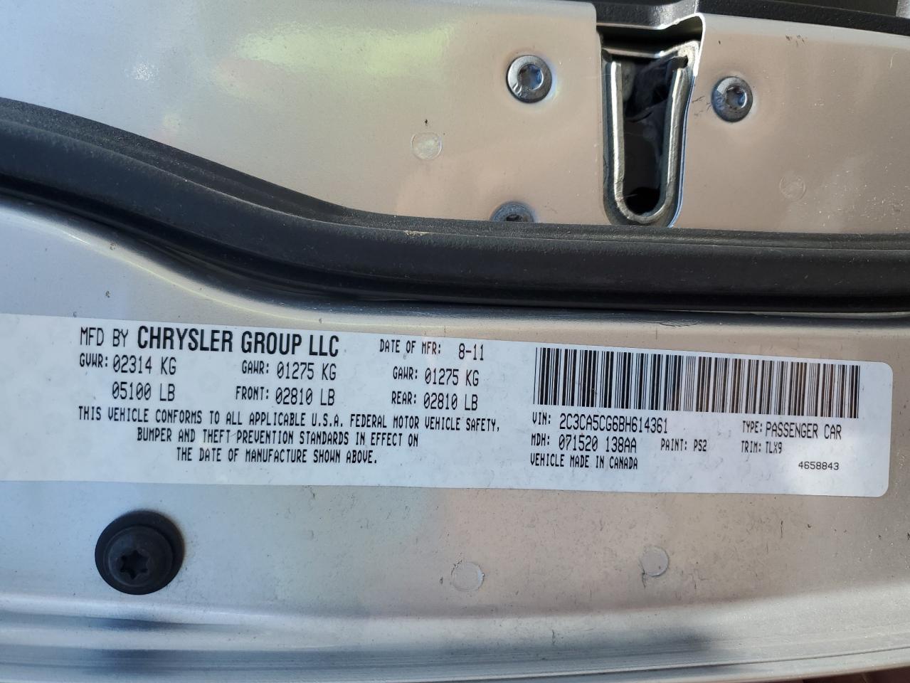 2011 Chrysler 300 Limited VIN: 2C3CA5CG6BH614361 Lot: 64259924