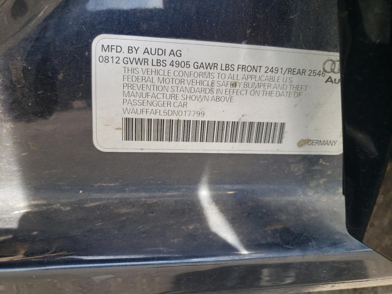 2013 Audi A4 Premium Plus VIN: WAUFFAFL5DN017799 Lot: 61789484