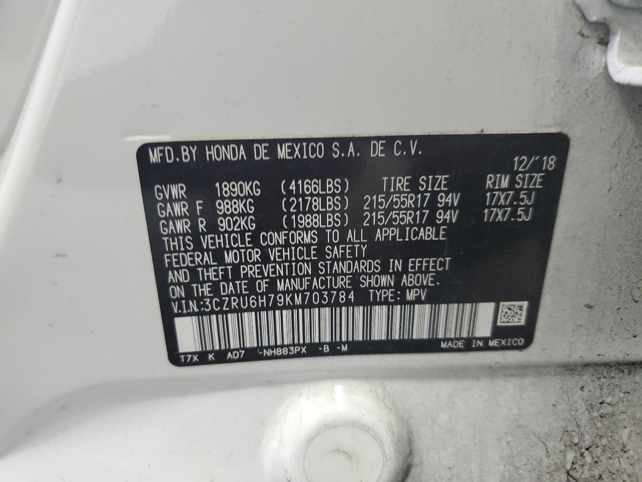 2019 Honda Hr-V Exl VIN: 3CZRU6H79KM703784 Lot: 64482204