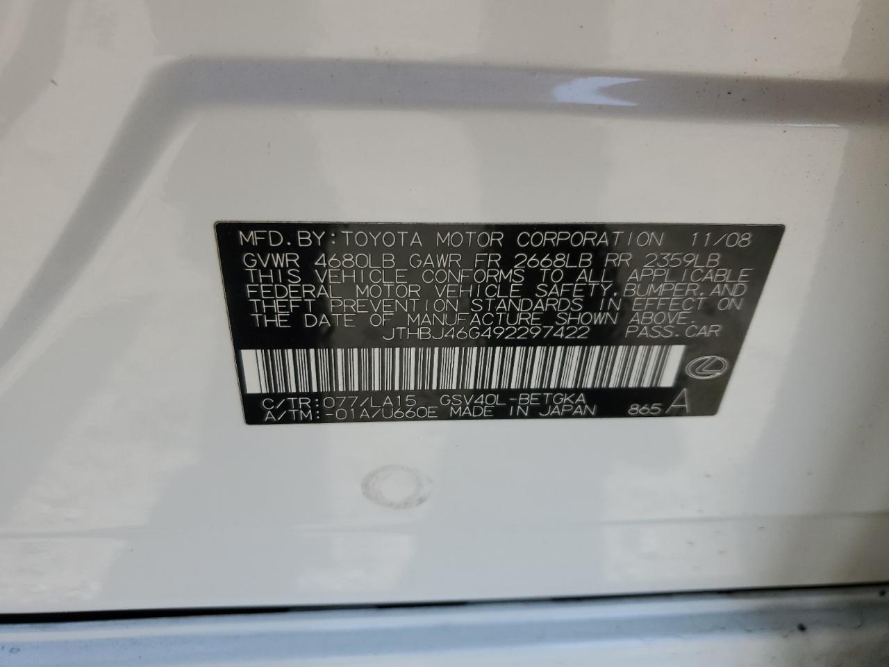 2009 Lexus Es 350 VIN: JTHBJ46G492297422 Lot: 64907404