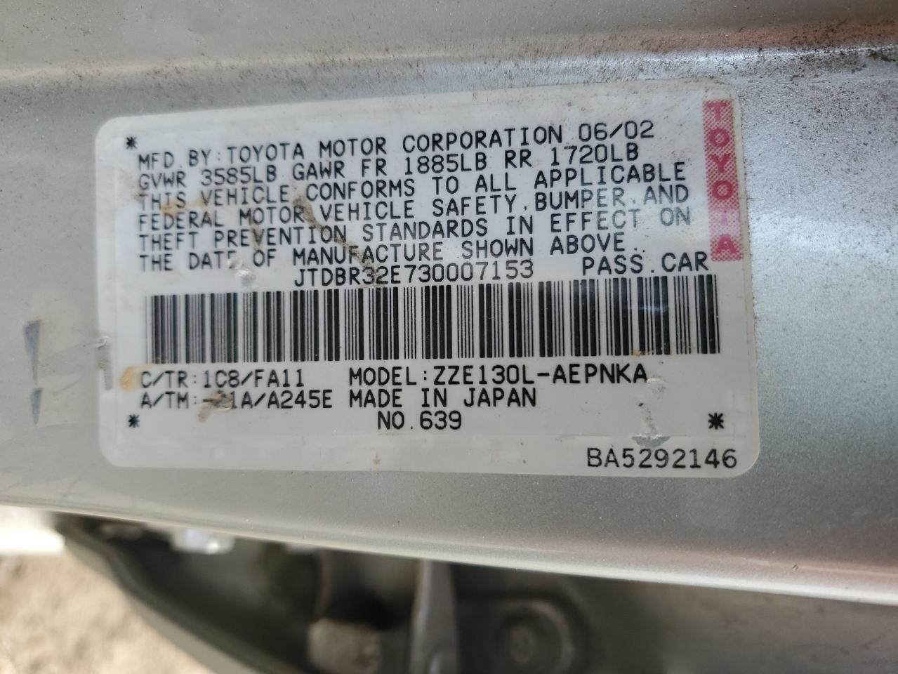 2003 Toyota Corolla Ce VIN: JTDBR32E730007153 Lot: 64091374