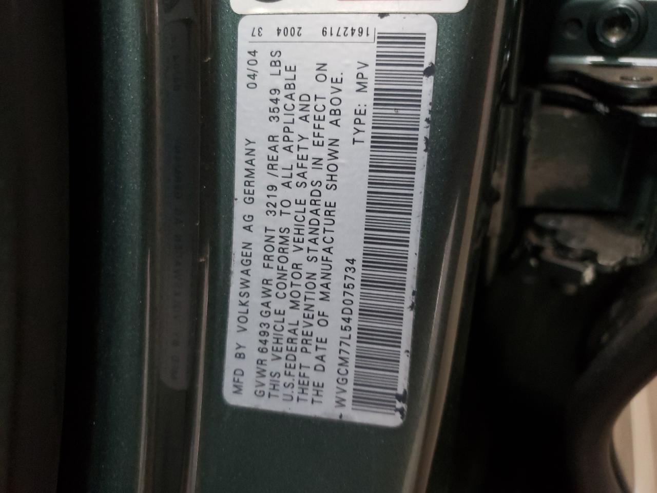 WVGCM77L54D075734 2004 Volkswagen Touareg 4.2