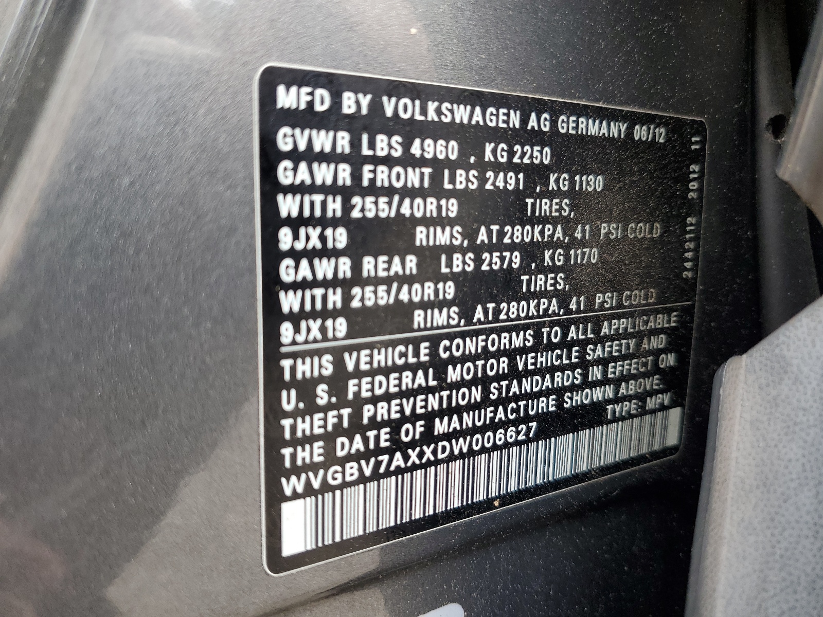 WVGBV7AXXDW006627 2013 Volkswagen Tiguan S