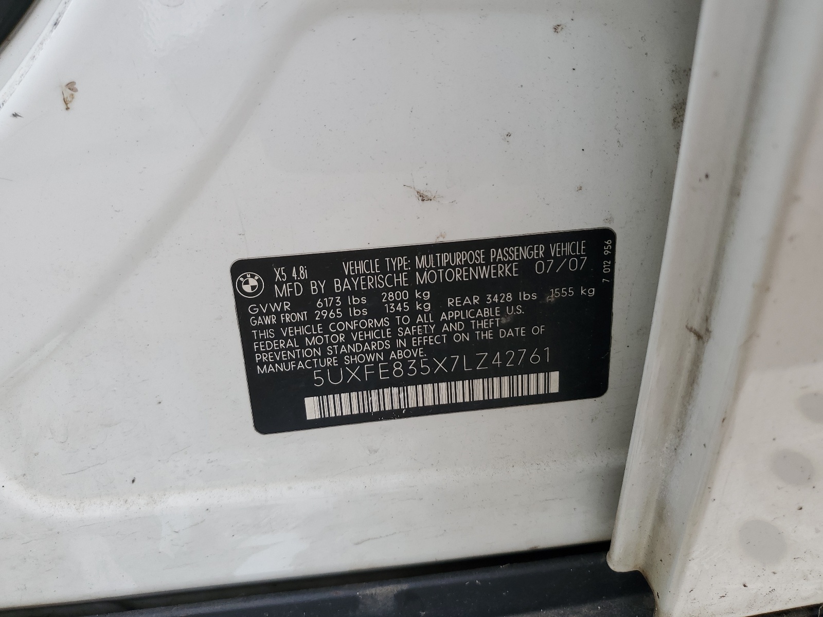 5UXFE835X7LZ42761 2007 BMW X5 4.8I