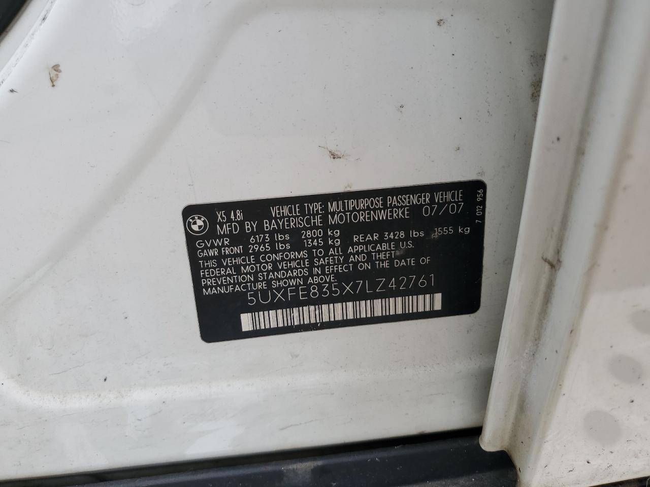 2007 BMW X5 4.8I VIN: 5UXFE835X7LZ42761 Lot: 64554724