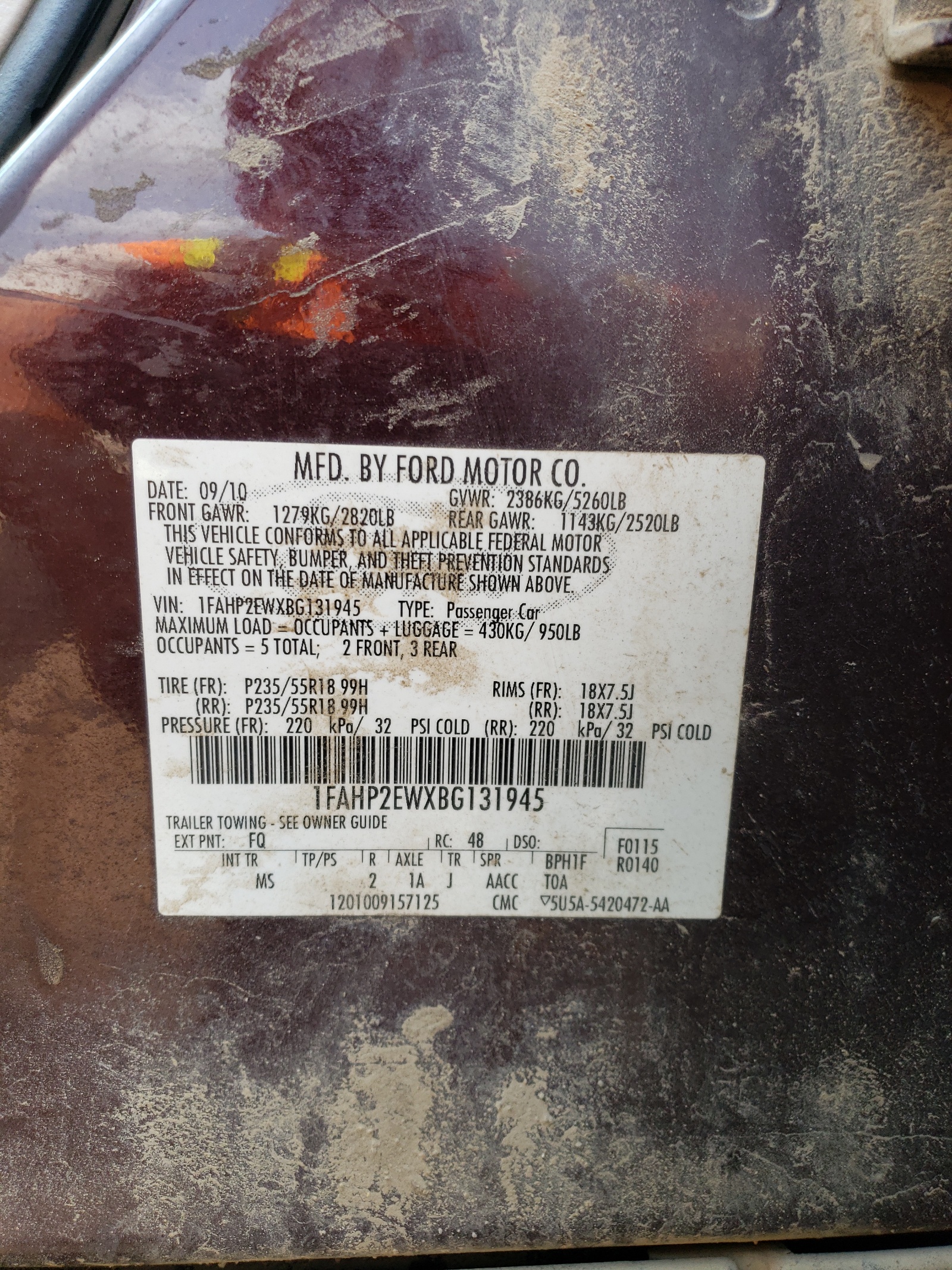 1FAHP2EWXBG131945 2011 Ford Taurus Sel