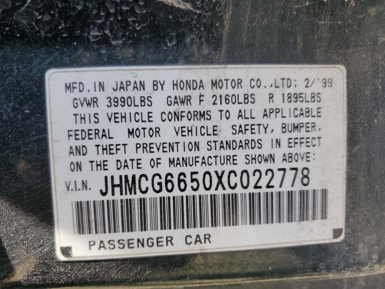 JHMCG6650XC022778 1999 Honda Accord Lx