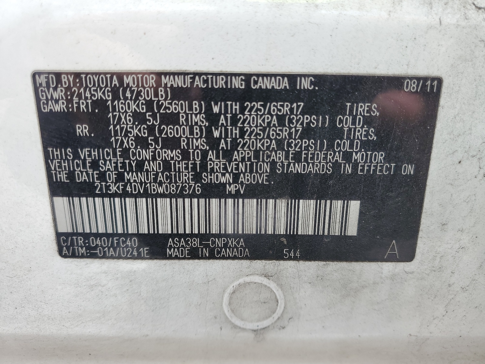 2T3KF4DV1BW087376 2011 Toyota Rav4