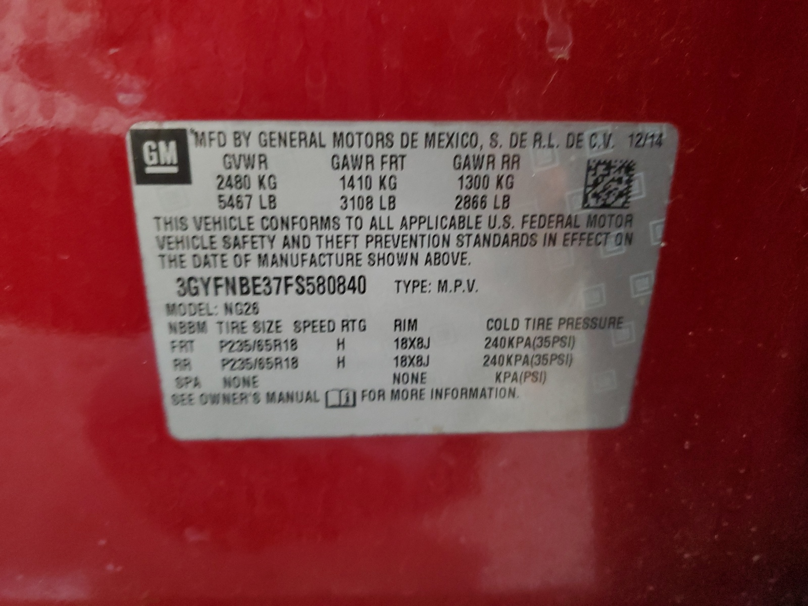 3GYFNBE37FS580840 2015 Cadillac Srx Luxury Collection