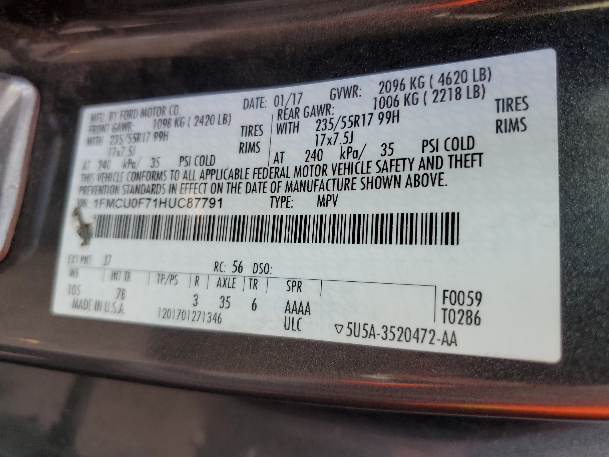 1FMCU0F71HUC87791 2017 Ford Escape S
