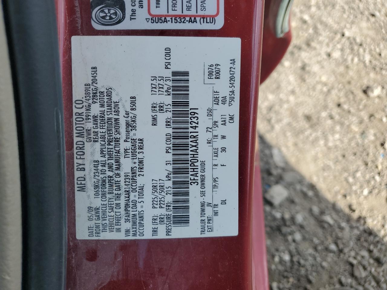 2010 Ford Fusion Se VIN: 3FAHP0HAXAR142391 Lot: 62542114