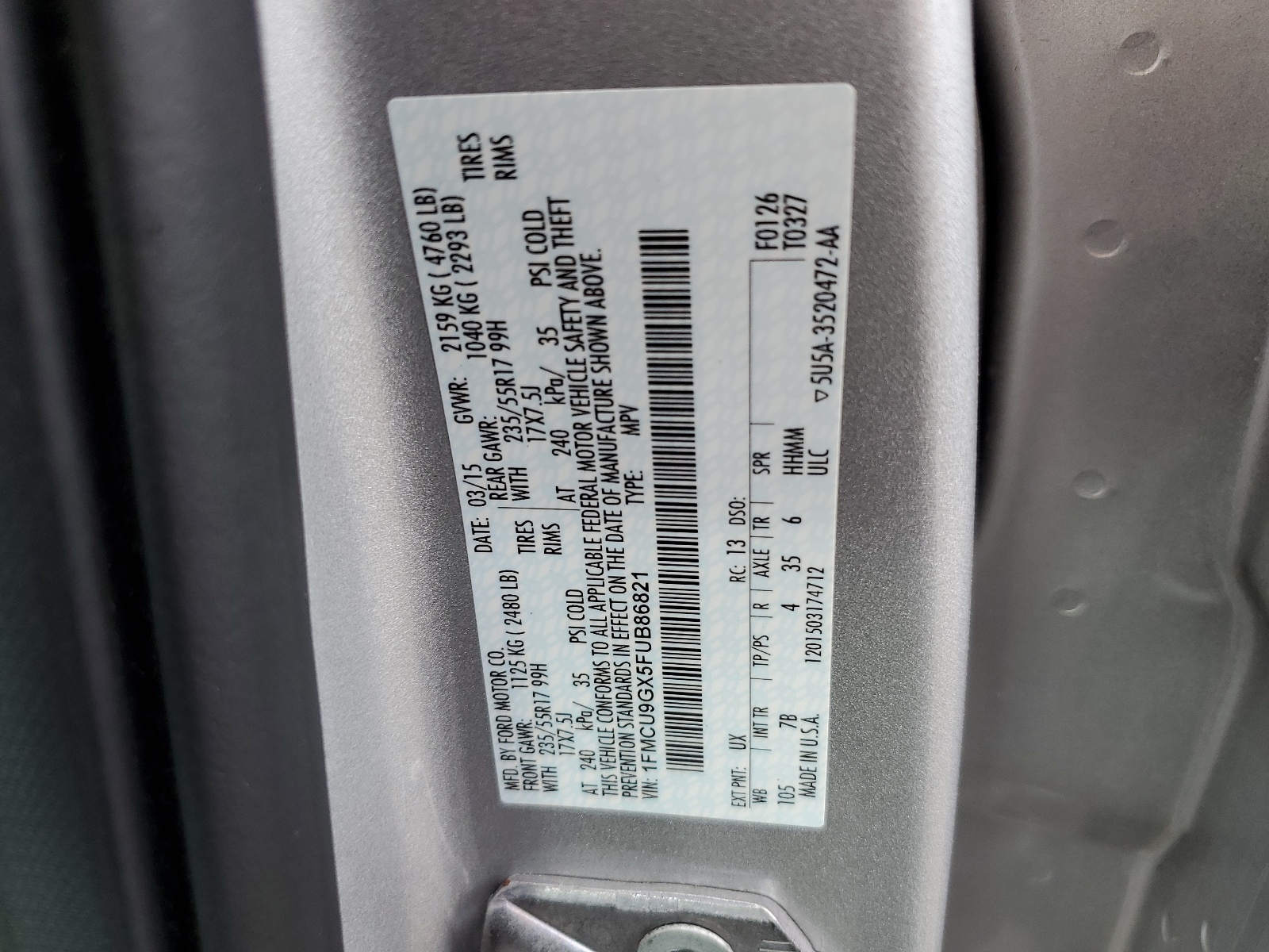 1FMCU9GX5FUB86821 2015 Ford Escape Se