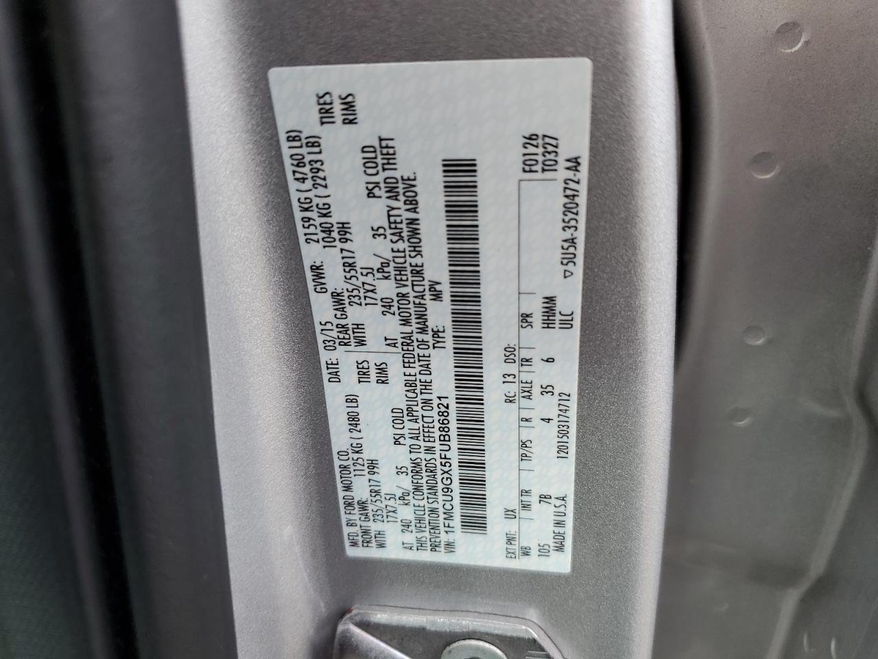 2015 Ford Escape Se VIN: 1FMCU9GX5FUB86821 Lot: 62283394